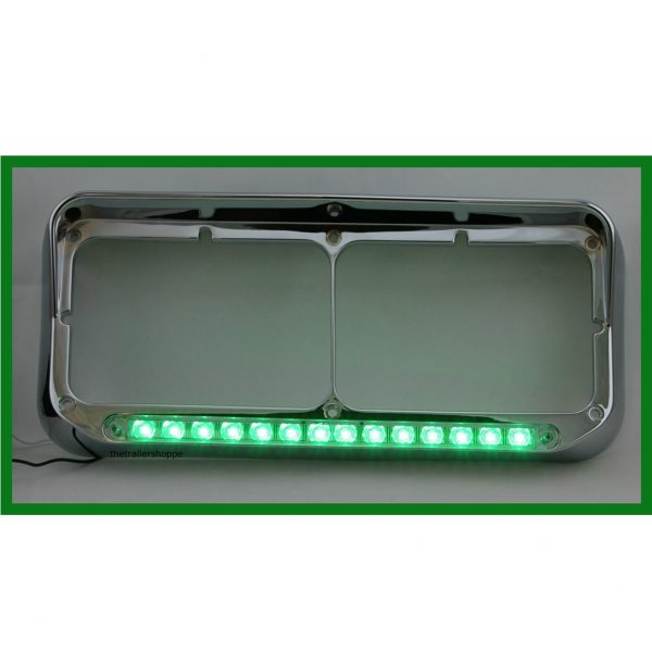 Chrome Rectangular Headlight Bezel with 14 LED Green